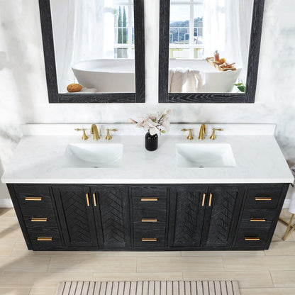 Gazsi 84" Double Bathroom Vanity Set in Black Oak with Grain White Engineered Stone Countertop without Mirror