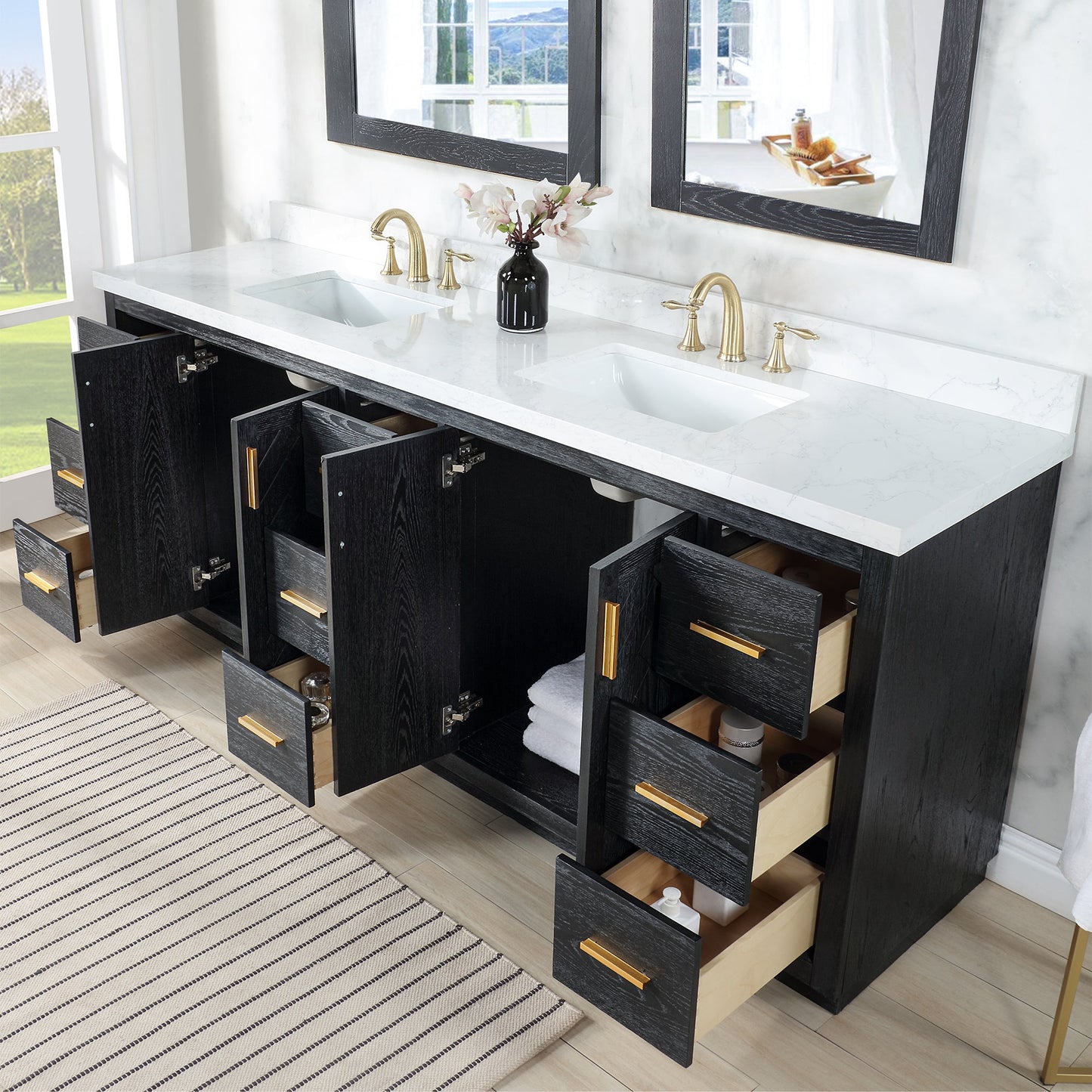 Gazsi 84" Double Bathroom Vanity Set in Black Oak with Grain White Engineered Stone Countertop without Mirror