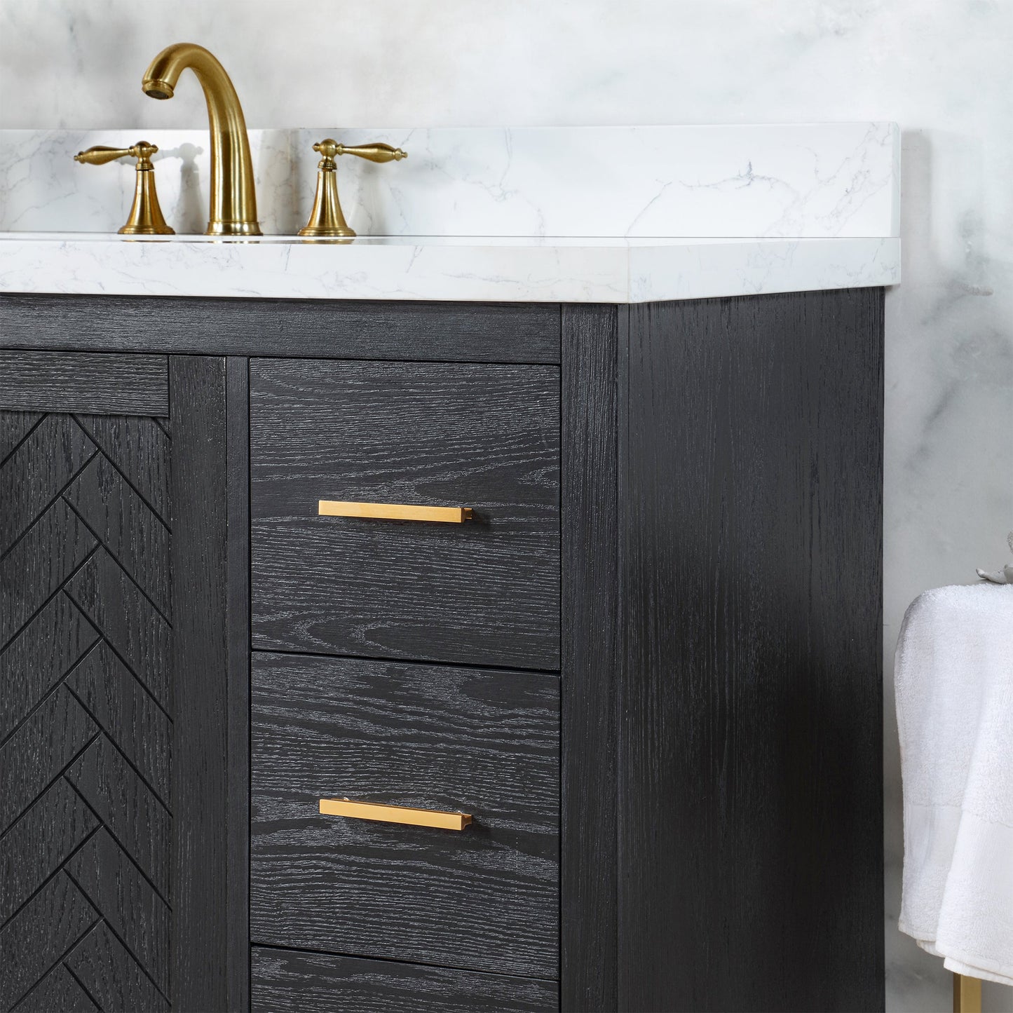 Gazsi 84" Double Bathroom Vanity Set in Black Oak with Grain White Engineered Stone Countertop with Mirror