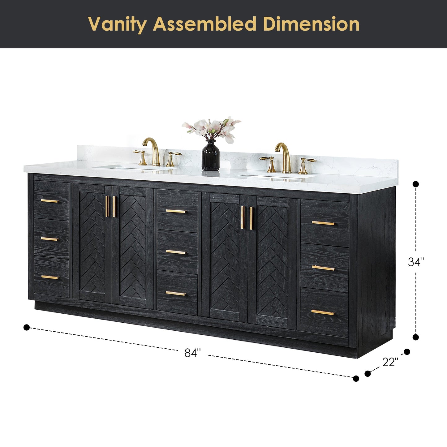 Gazsi 84" Double Bathroom Vanity Set in Black Oak with Grain White Engineered Stone Countertop with Mirror
