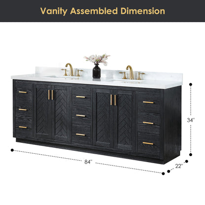 Gazsi 84" Double Bathroom Vanity Set in Black Oak with Grain White Engineered Stone Countertop with Mirror