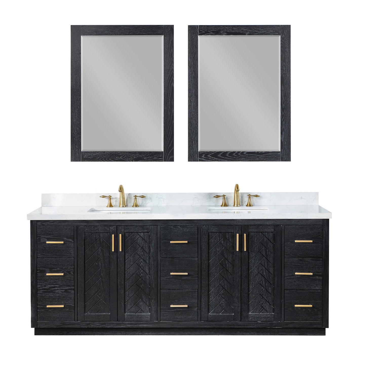 Gazsi 84" Double Bathroom Vanity Set in Black Oak with Grain White Engineered Stone Countertop with Mirror