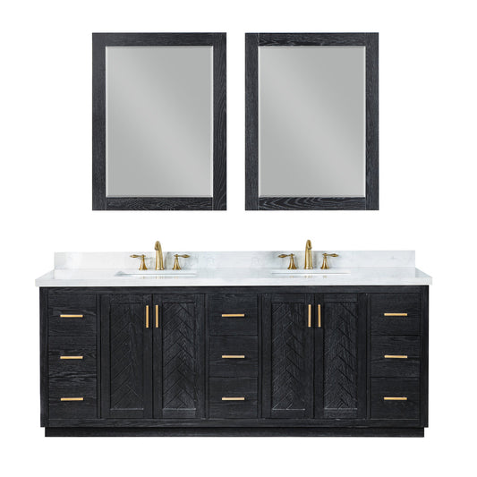 Gazsi 84" Double Bathroom Vanity Set in Black Oak with Grain White Engineered Stone Countertop with Mirror