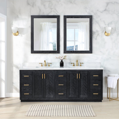 Gazsi 84" Double Bathroom Vanity Set in Black Oak with Grain White Engineered Stone Countertop with Mirror