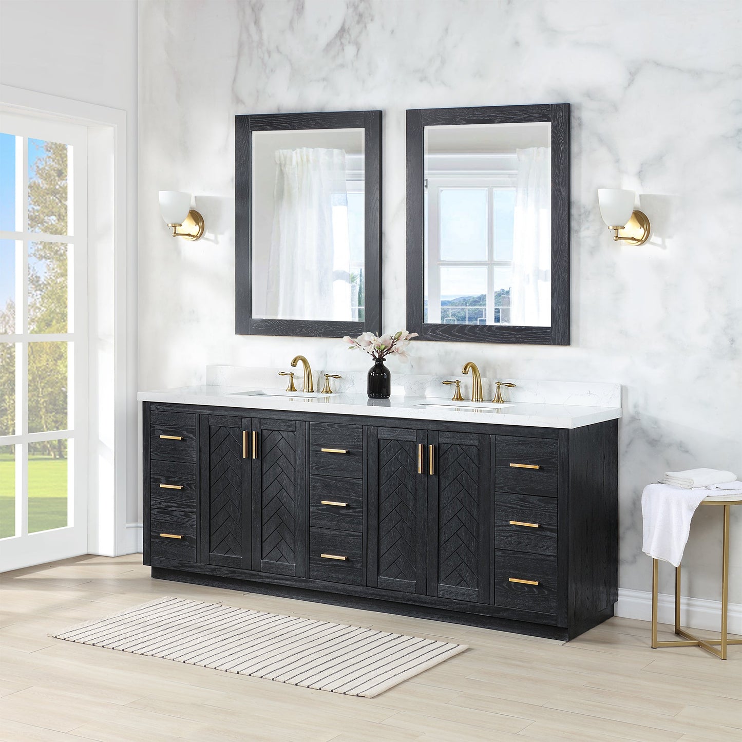 Gazsi 84" Double Bathroom Vanity Set in Black Oak with Grain White Engineered Stone Countertop with Mirror