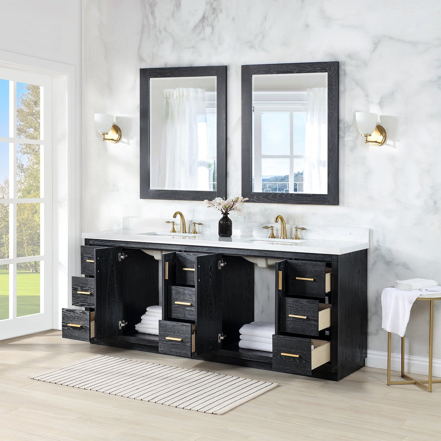 Gazsi 84" Double Bathroom Vanity Set in Black Oak with Grain White Engineered Stone Countertop with Mirror