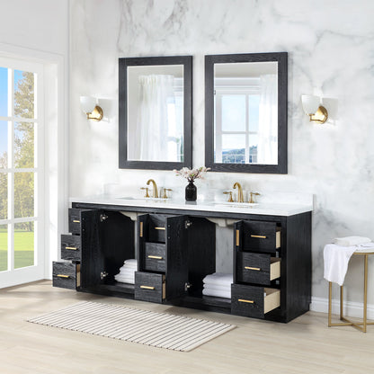 Gazsi 84" Double Bathroom Vanity Set in Black Oak with Grain White Engineered Stone Countertop with Mirror