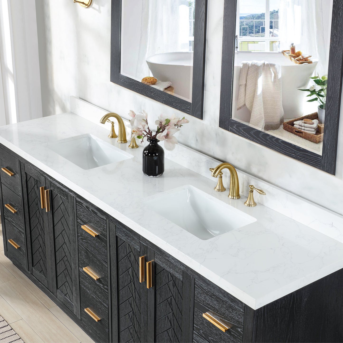 Gazsi 84" Double Bathroom Vanity Set in Black Oak with Grain White Engineered Stone Countertop with Mirror