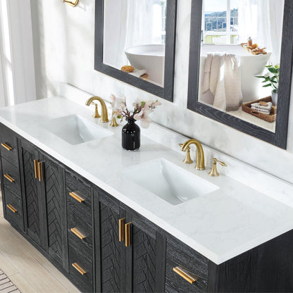 Gazsi 84" Double Bathroom Vanity Set in Black Oak with Grain White Engineered Stone Countertop with Mirror