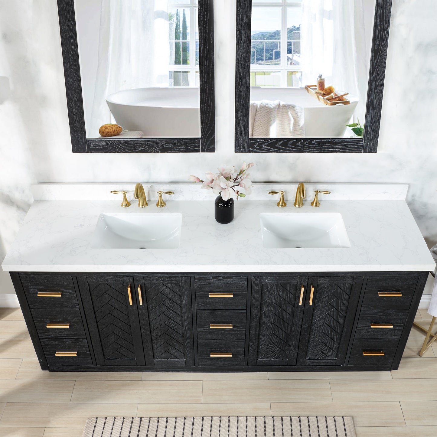 Gazsi 84" Double Bathroom Vanity Set in Black Oak with Grain White Engineered Stone Countertop with Mirror