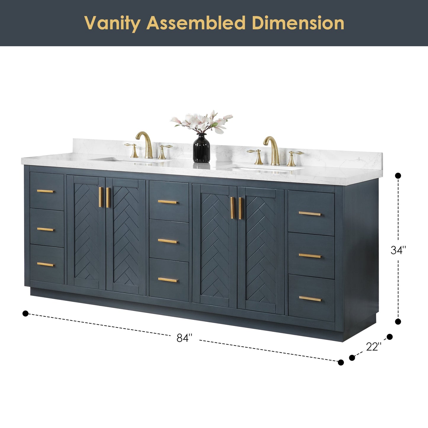 Gazsi 84" Double Bathroom Vanity Set in Classic Blue with Grain White Engineered Stone Countertop without Mirror