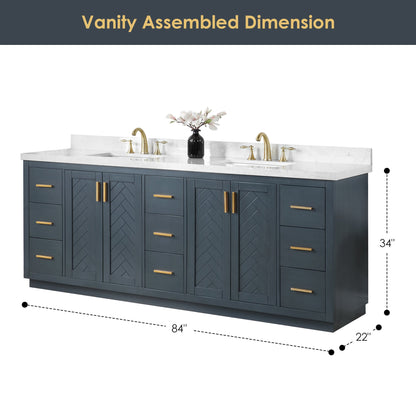 Gazsi 84" Double Bathroom Vanity Set in Classic Blue with Grain White Engineered Stone Countertop without Mirror