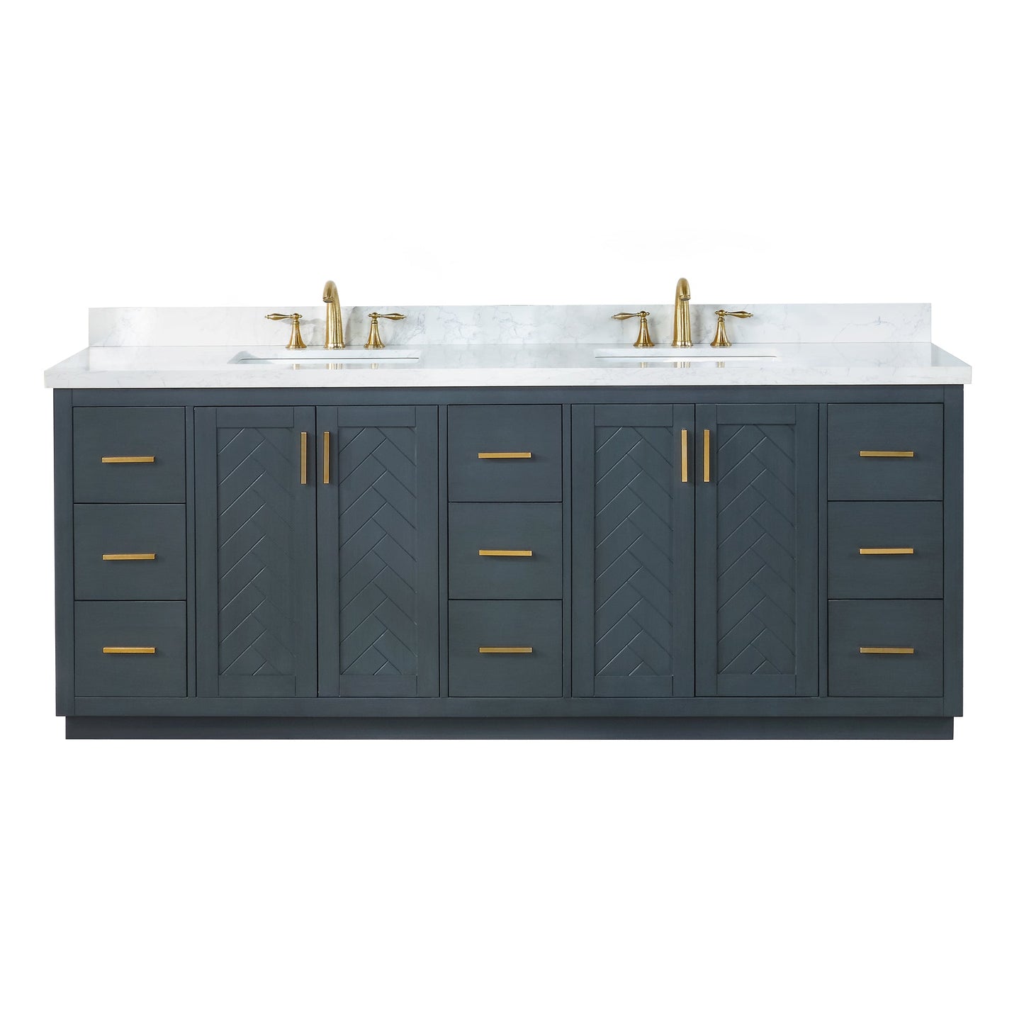 Gazsi 84" Double Bathroom Vanity Set in Classic Blue with Grain White Engineered Stone Countertop without Mirror