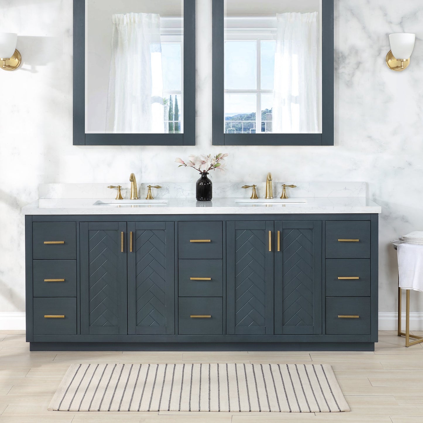 Gazsi 84" Double Bathroom Vanity Set in Classic Blue with Grain White Engineered Stone Countertop without Mirror