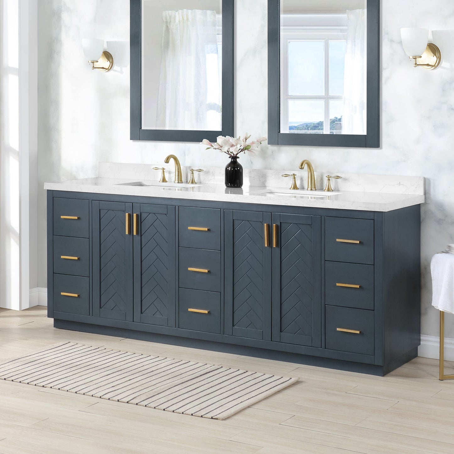 Gazsi 84" Double Bathroom Vanity Set in Classic Blue with Grain White Engineered Stone Countertop without Mirror