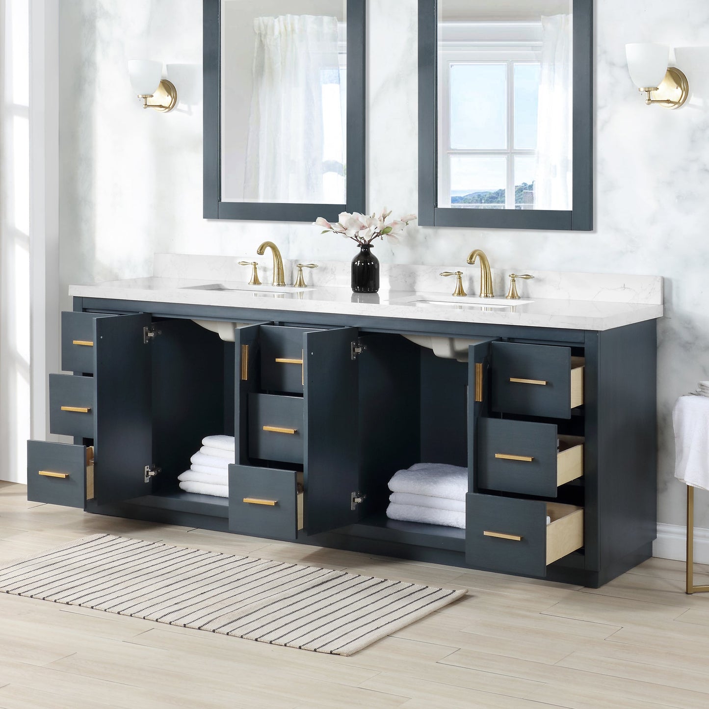 Gazsi 84" Double Bathroom Vanity Set in Classic Blue with Grain White Engineered Stone Countertop without Mirror