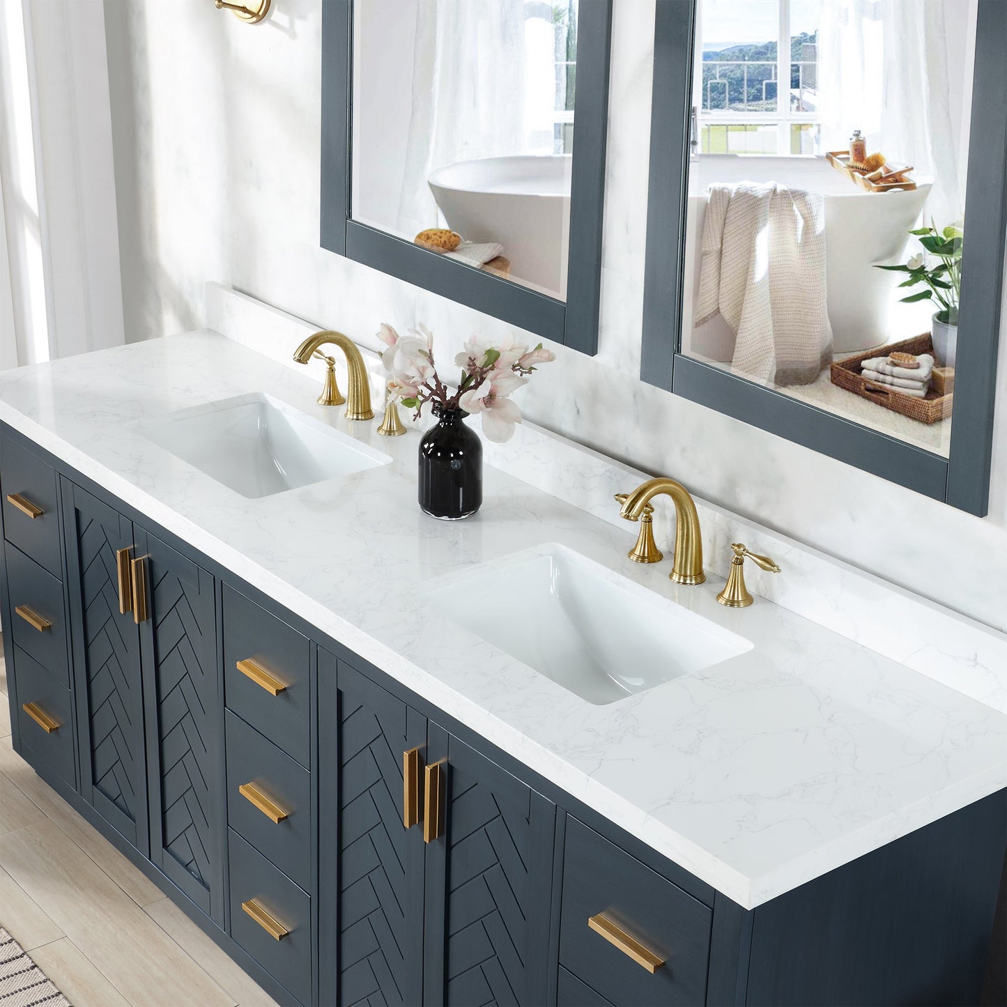 Gazsi 84" Double Bathroom Vanity Set in Classic Blue with Grain White Engineered Stone Countertop without Mirror