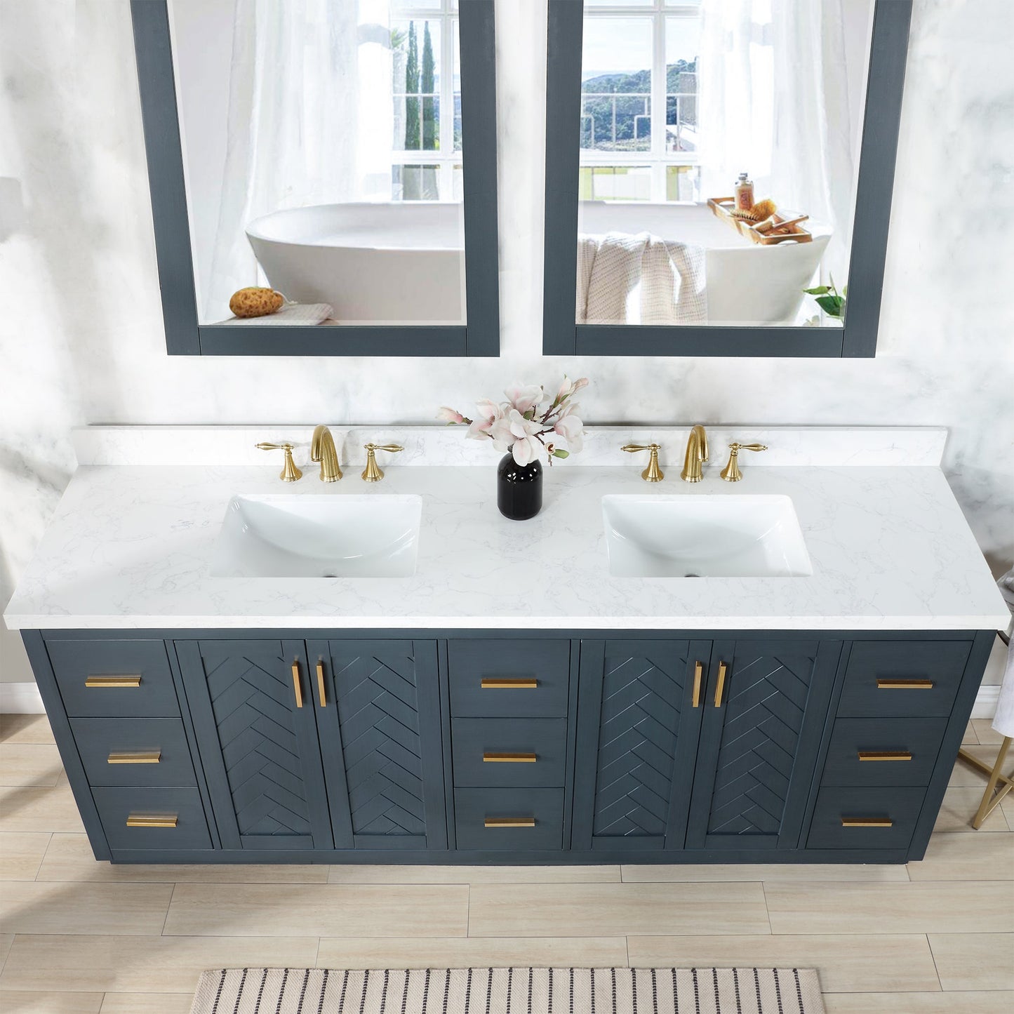 Gazsi 84" Double Bathroom Vanity Set in Classic Blue with Grain White Engineered Stone Countertop without Mirror