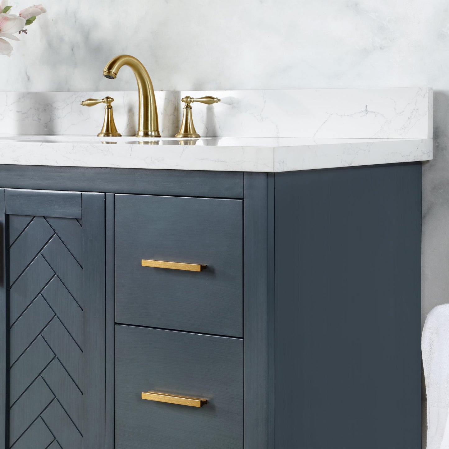 Gazsi 84" Double Bathroom Vanity Set in Classic Blue with Grain White Engineered Stone Countertop with Mirror