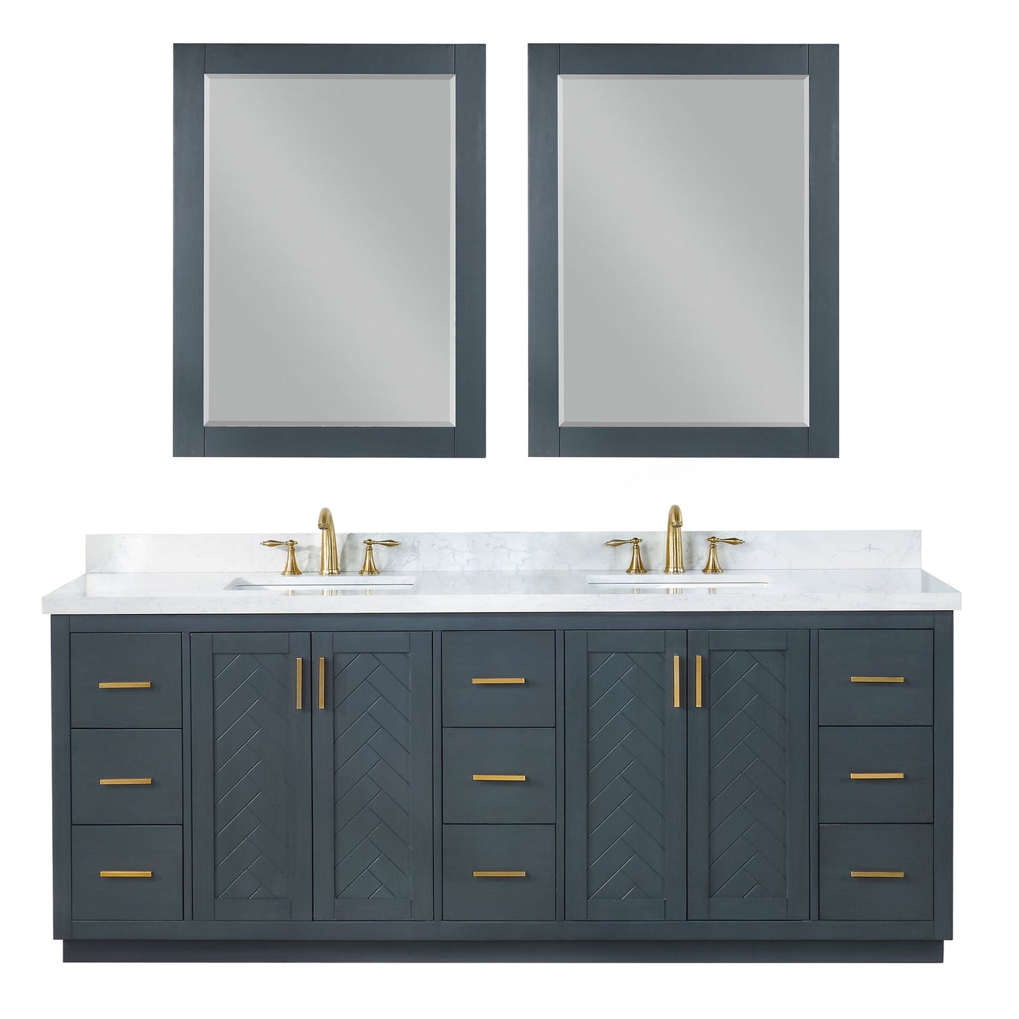 Gazsi 84" Double Bathroom Vanity Set in Classic Blue with Grain White Engineered Stone Countertop with Mirror