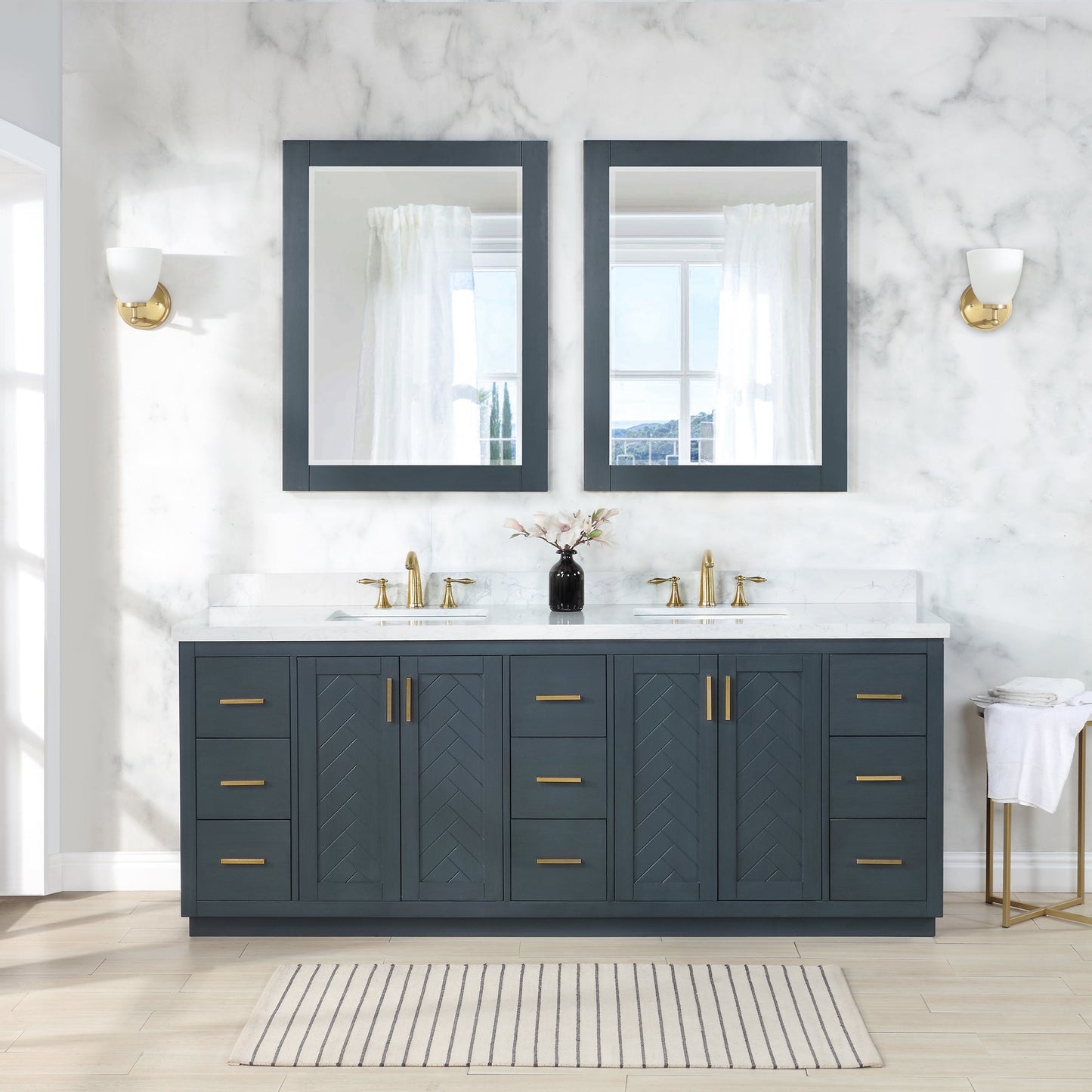 Gazsi 84" Double Bathroom Vanity Set in Classic Blue with Grain White Engineered Stone Countertop with Mirror