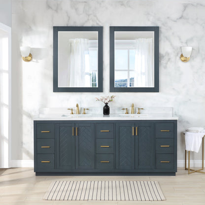 Gazsi 84" Double Bathroom Vanity Set in Classic Blue with Grain White Engineered Stone Countertop with Mirror