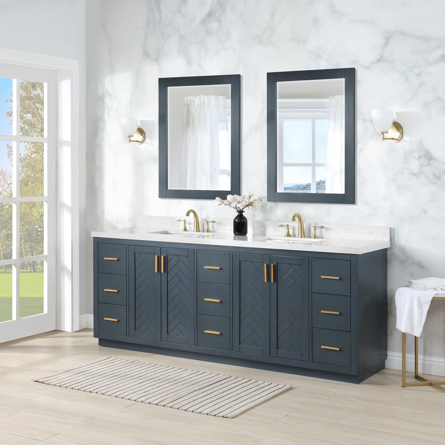 Gazsi 84" Double Bathroom Vanity Set in Classic Blue with Grain White Engineered Stone Countertop with Mirror