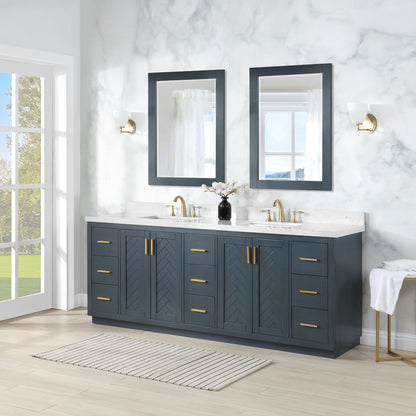 Gazsi 84" Double Bathroom Vanity Set in Classic Blue with Grain White Engineered Stone Countertop with Mirror