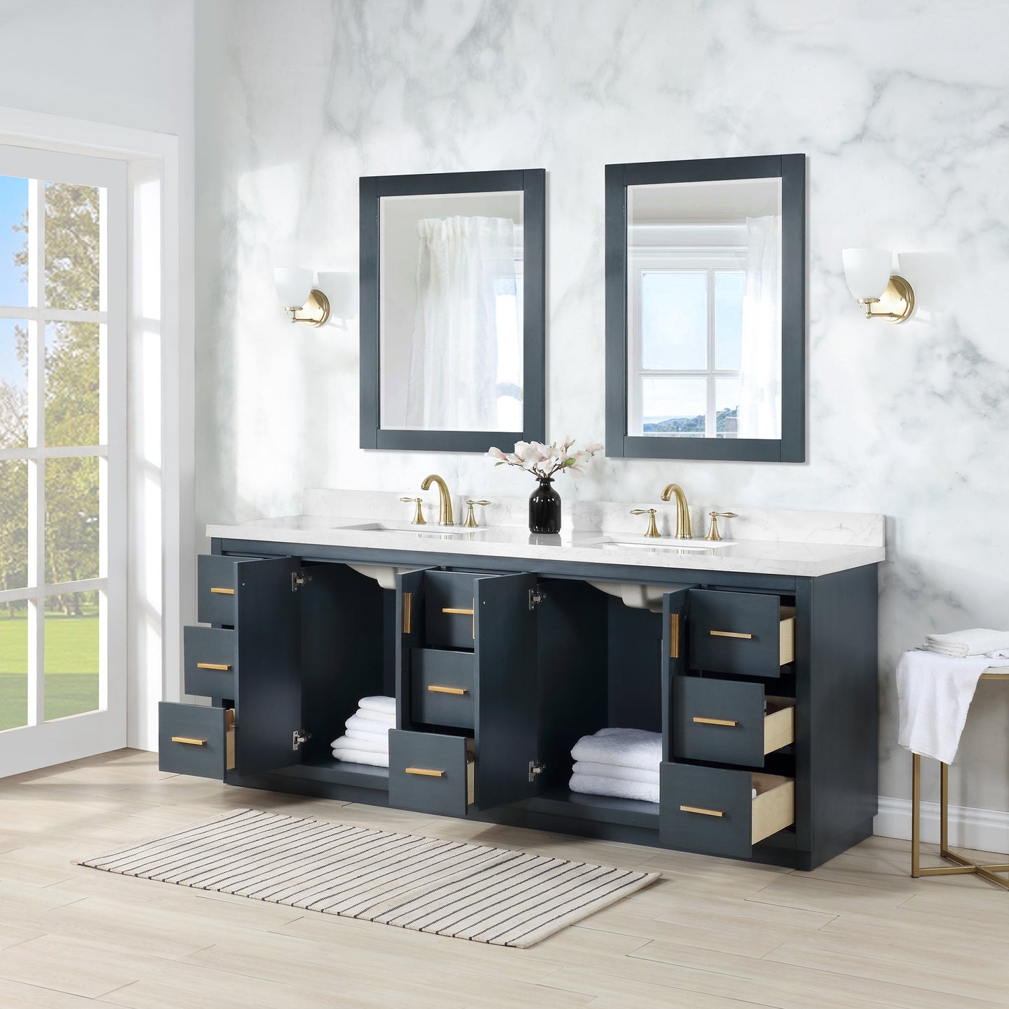 Gazsi 84" Double Bathroom Vanity Set in Classic Blue with Grain White Engineered Stone Countertop with Mirror