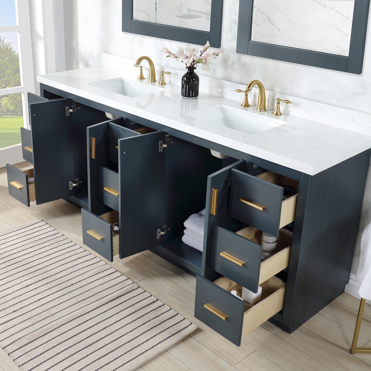 Gazsi 84" Double Bathroom Vanity Set in Classic Blue with Grain White Engineered Stone Countertop with Mirror