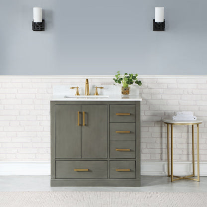 Monna 36" Single Bathroom Vanity Set in Gray Pine with Aosta White Engineered Stone Countertop without Mirror