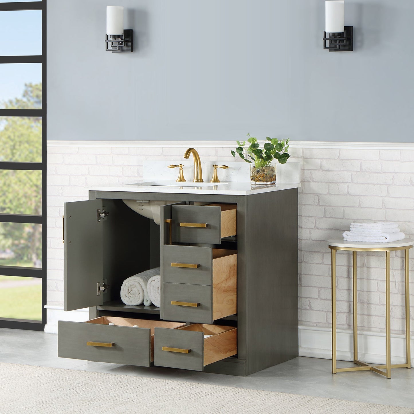 Monna 36" Single Bathroom Vanity Set in Gray Pine with Aosta White Engineered Stone Countertop without Mirror