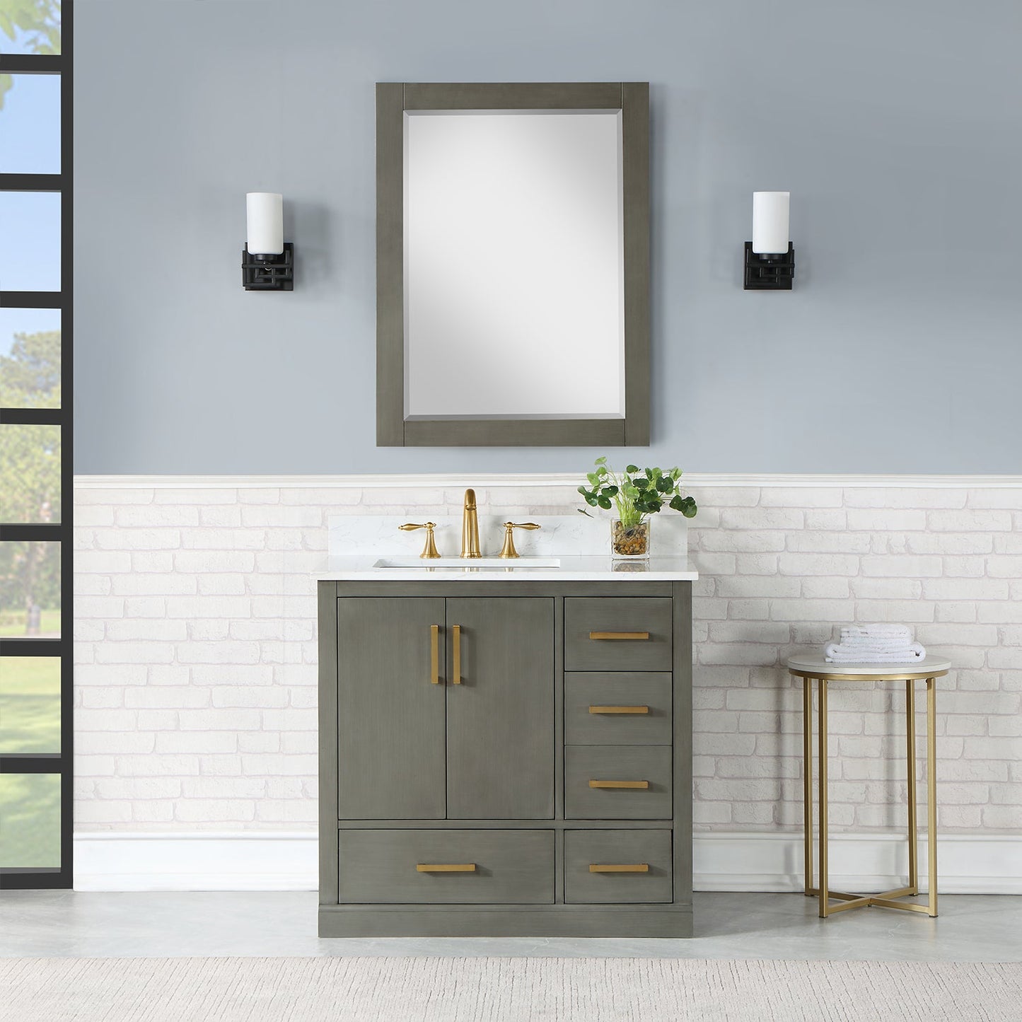 Monna 36" Single Bathroom Vanity Set in Gray Pine with Aosta White Engineered Stone Countertop with Mirror