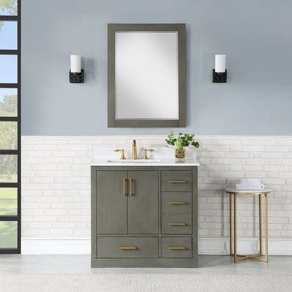 Monna 36" Single Bathroom Vanity Set in Gray Pine with Aosta White Engineered Stone Countertop with Mirror