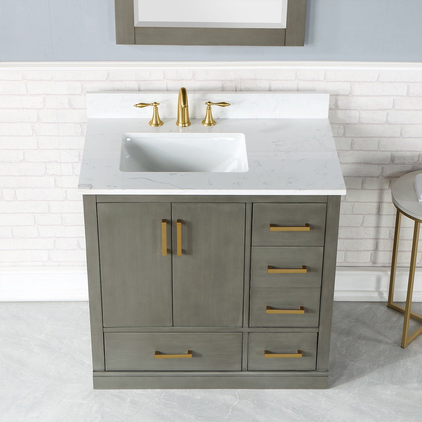 Monna 36" Single Bathroom Vanity Set in Gray Pine with Aosta White Engineered Stone Countertop with Mirror