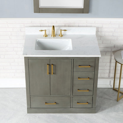 Monna 36" Single Bathroom Vanity Set in Gray Pine with Aosta White Engineered Stone Countertop with Mirror