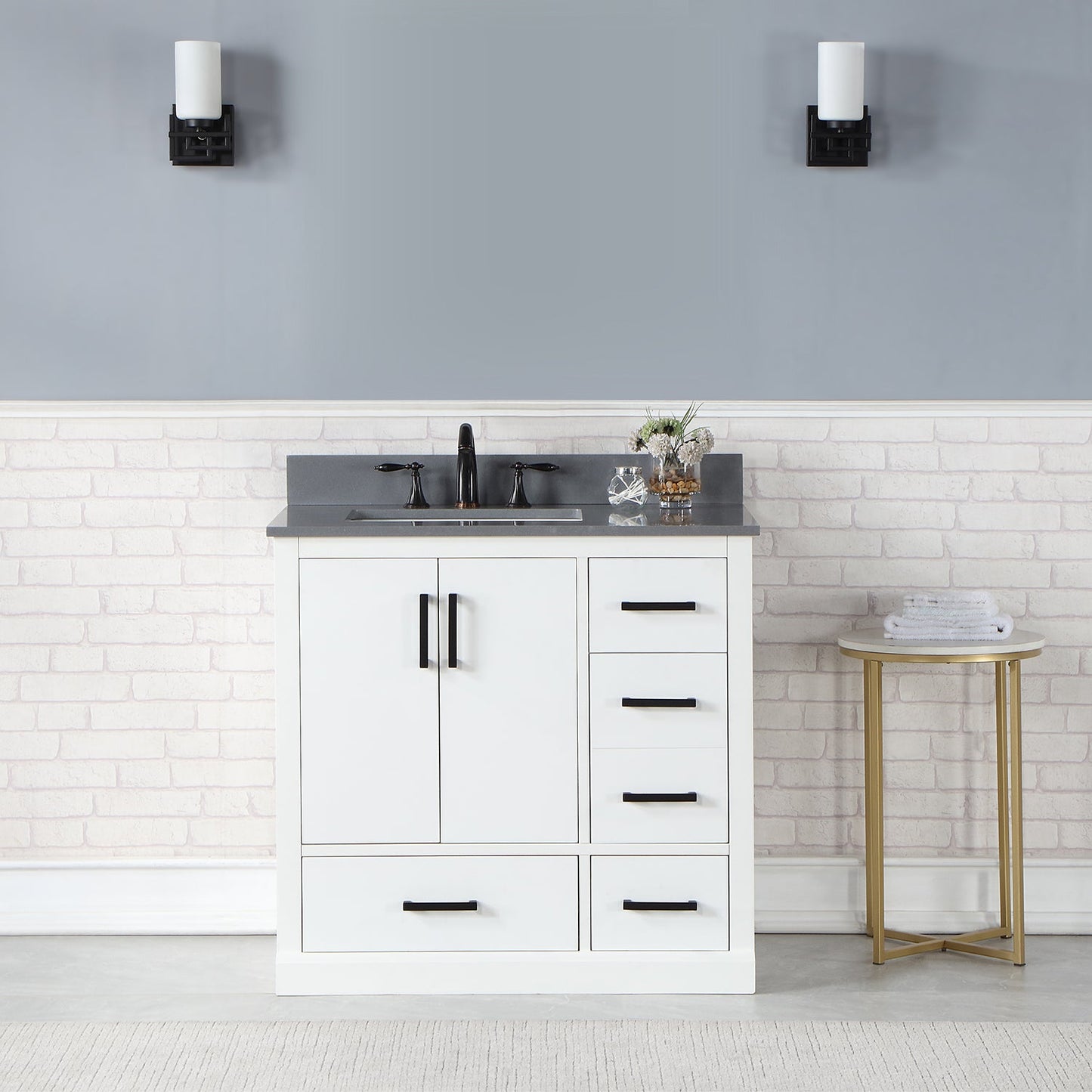 Monna 36" Single Bathroom Vanity Set in White with Concrete Grey Engineered Stone Countertop without Mirror