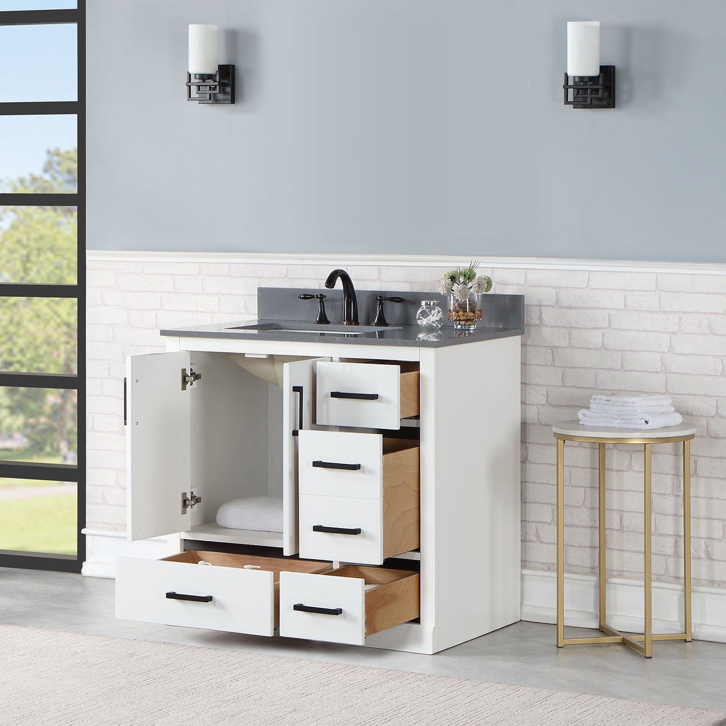 Monna 36" Single Bathroom Vanity Set in White with Concrete Grey Engineered Stone Countertop without Mirror
