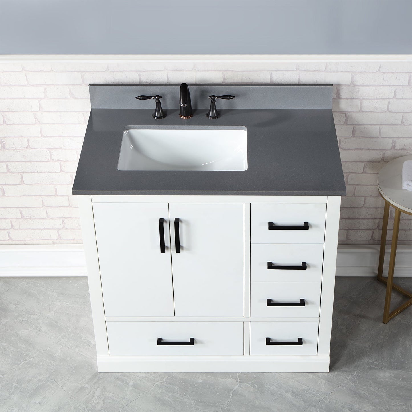 Monna 36" Single Bathroom Vanity Set in White with Concrete Grey Engineered Stone Countertop without Mirror