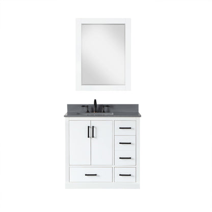 Monna 36" Single Bathroom Vanity Set in White with Concrete Grey Engineered Stone Countertop with Mirror