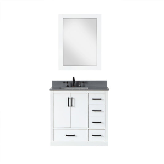 Monna 36" Single Bathroom Vanity Set in White with Concrete Grey Engineered Stone Countertop with Mirror