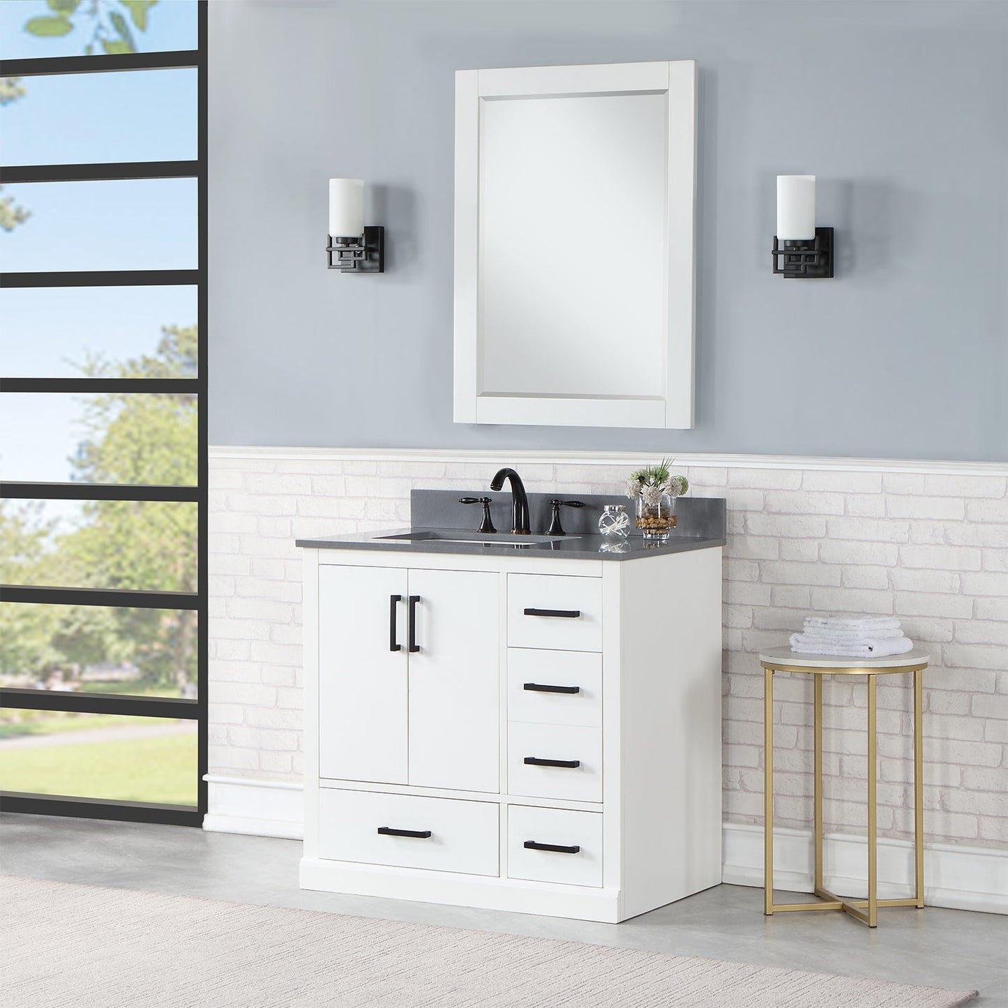 Monna 36" Single Bathroom Vanity Set in White with Concrete Grey Engineered Stone Countertop with Mirror