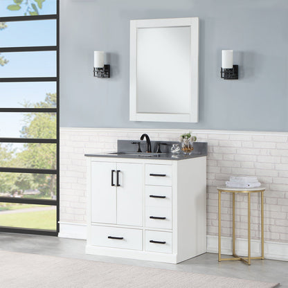 Monna 36" Single Bathroom Vanity Set in White with Concrete Grey Engineered Stone Countertop with Mirror