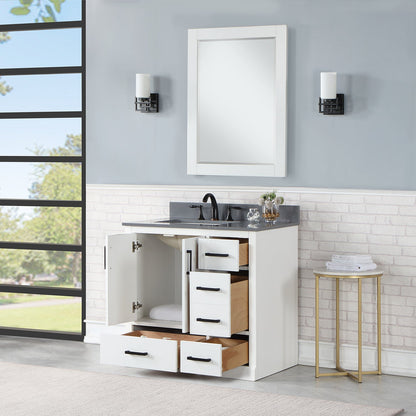 Monna 36" Single Bathroom Vanity Set in White with Concrete Grey Engineered Stone Countertop with Mirror