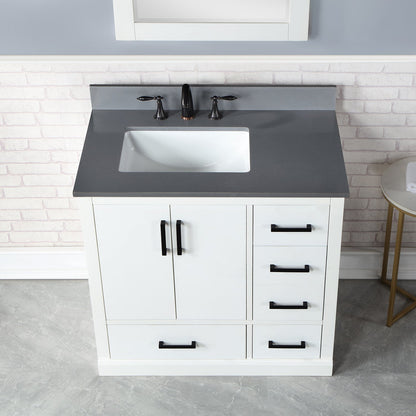 Monna 36" Single Bathroom Vanity Set in White with Concrete Grey Engineered Stone Countertop with Mirror