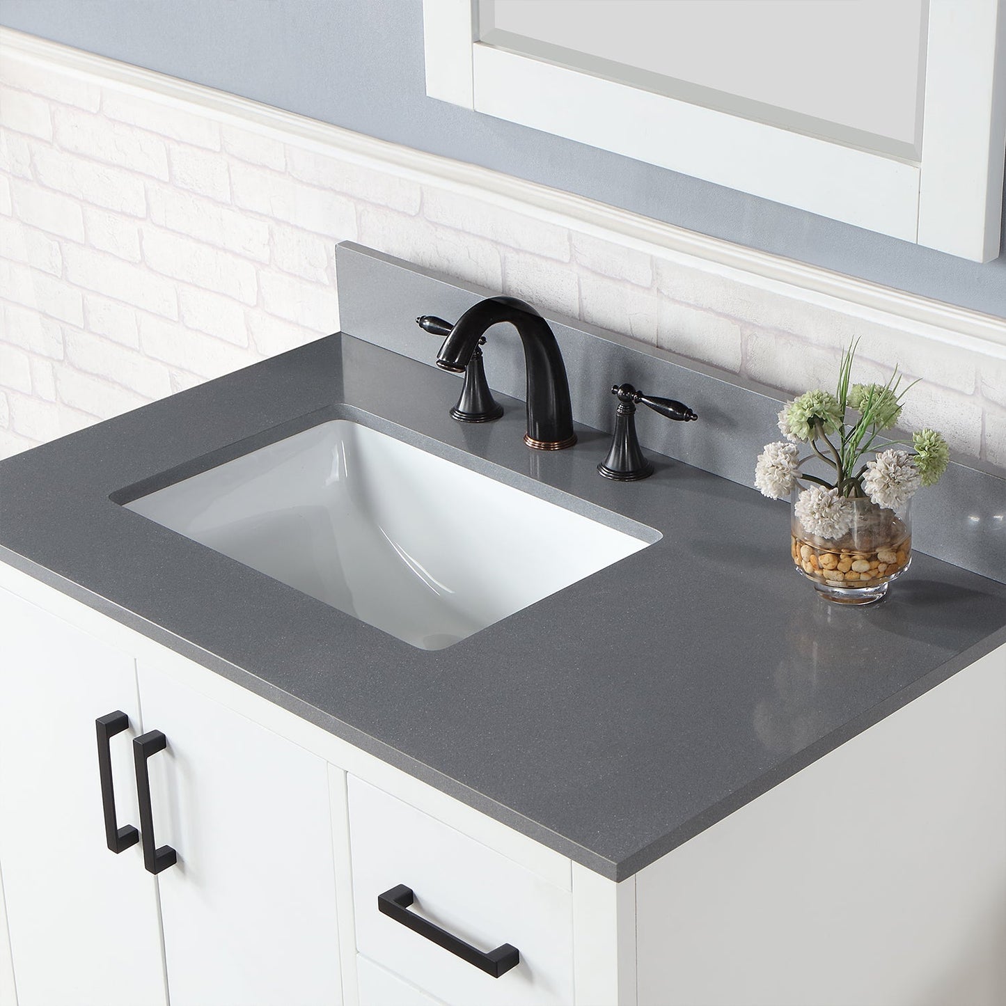 Monna 36" Single Bathroom Vanity Set in White with Concrete Grey Engineered Stone Countertop with Mirror
