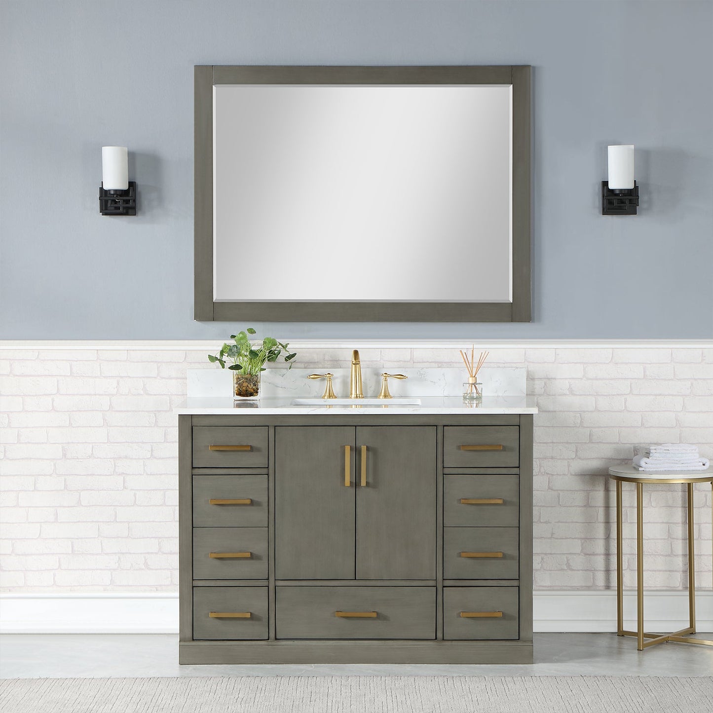 Monna 48" Single Bathroom Vanity Set in Gray Pine with Aosta White Engineered Stone Countertop with Mirror
