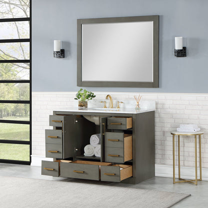Monna 48" Single Bathroom Vanity Set in Gray Pine with Aosta White Engineered Stone Countertop with Mirror