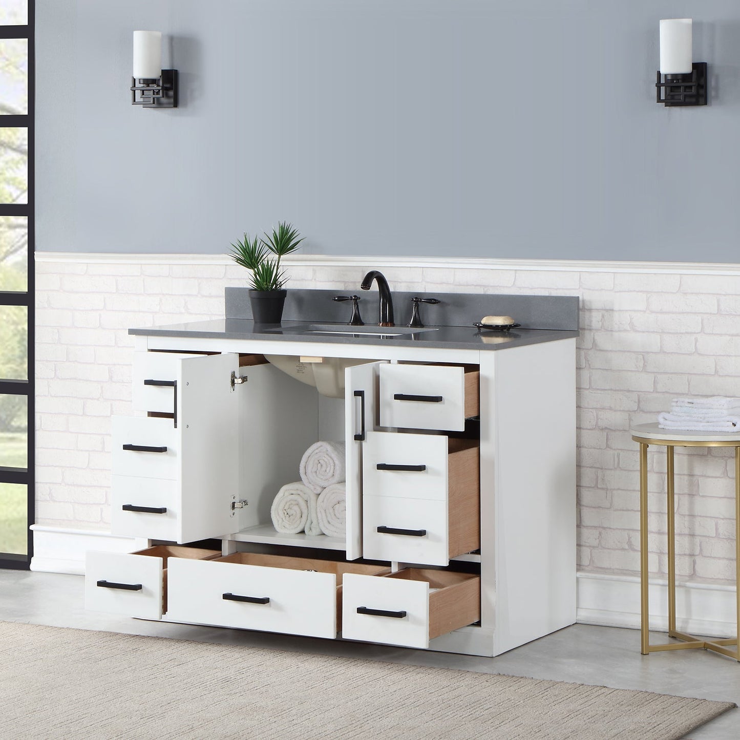 Monna 48" Single Bathroom Vanity Set in White with Concrete Grey Engineered Stone Countertop without Mirror