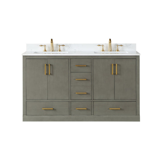 Monna 60" Double Bathroom Vanity Set in Gray Pine with Aosta White Engineered Stone Countertop without Mirror
